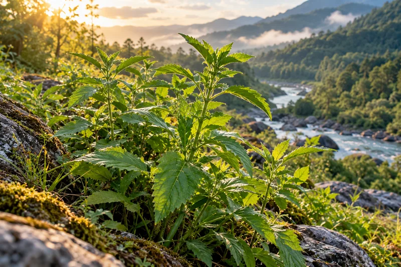 Green plants beside a stream, with distant mountains in morning light; nature-inspired imagery.