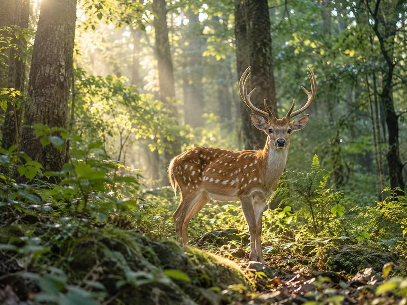 Sunlight falling through a real forest, with a deer among the trees.