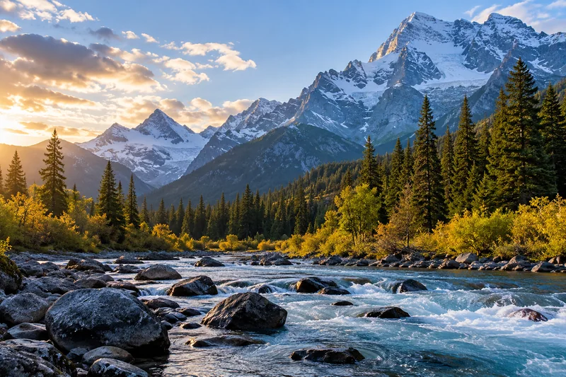 A flowing river, evergreen forest and high mountains in warm natural light.